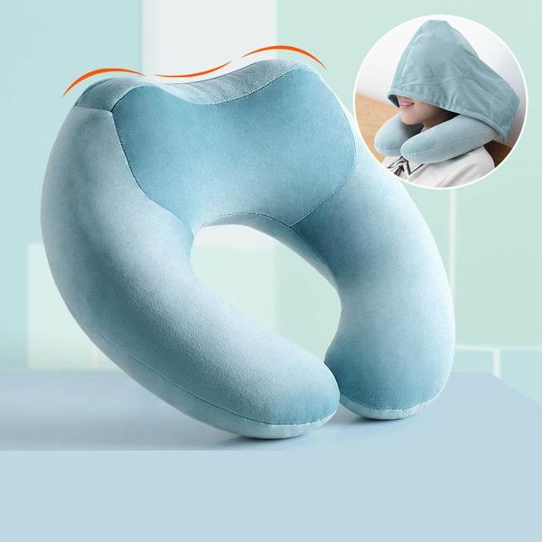 

pillow soft hooded u-pillow body neck solid grey nap cotton particle textile home airplane car travel accessories