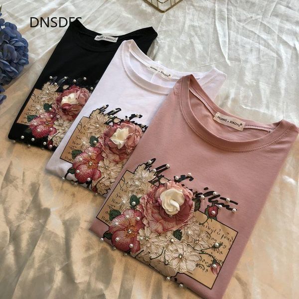 

women's t-shirt 100% pure cotton t shirt women short sleeve fashion korean flowers beading sequined shirts pink summer print tee, White