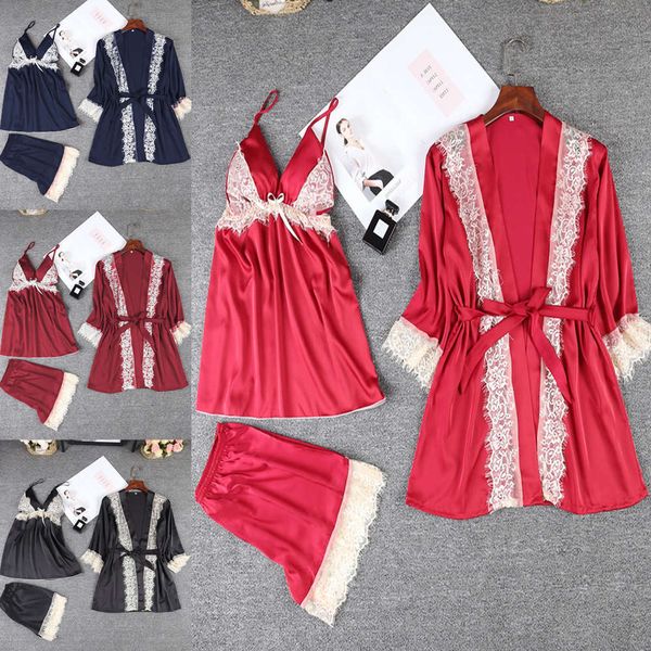 

bathrobe three piece imitation silk comfortable lace housewear bathrobe