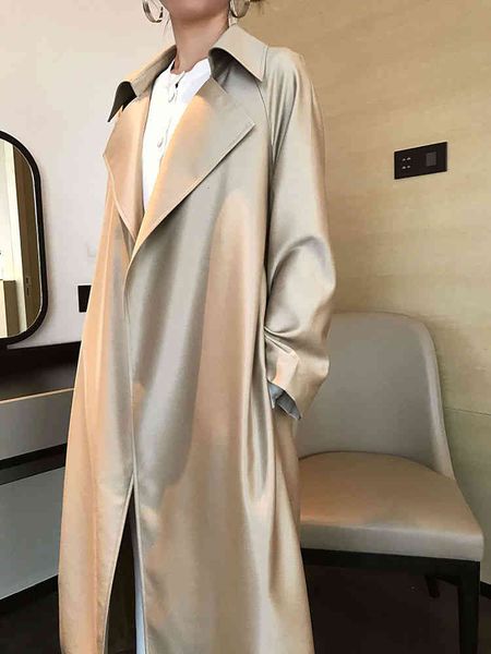 

women's trench coats deat woman coat champagne solid silkly long sleeve with sashes loose minimalist high street autumn fashion ap161 b, Tan;black