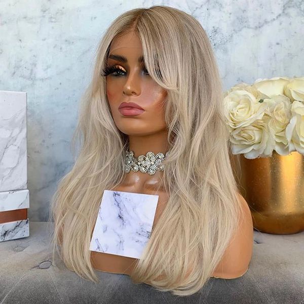 Transparente Spitze 13x6 geschichtete Ombre Blondinen Wellenwellige brasilianische menschliche Haar Perücken Platinblond 180densität gerade Haar