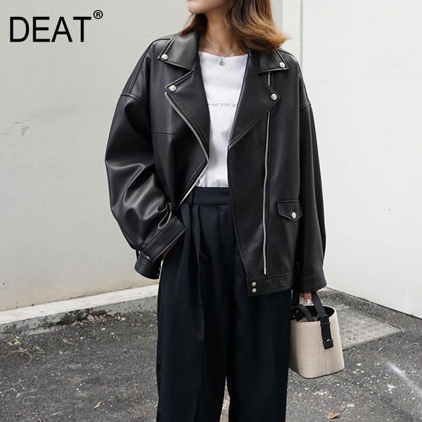 

women's jackets [deat] loose fit belt pu leather solid color jacket lapel long sleeve women coat fashion tide autumn winter 2021 13e304, Black;brown