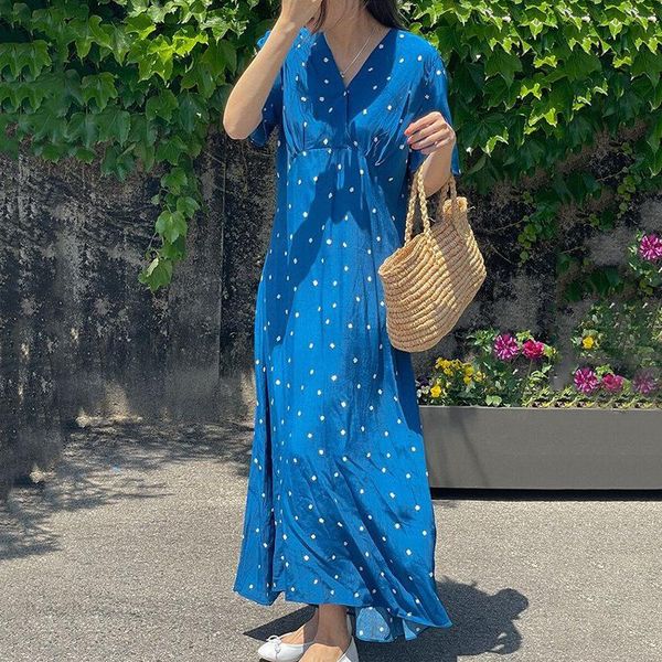 

casual dresses [ewq] korea chic summer fashion v-neck printed split pleated loose short sleeve midi dress women 2021 16e568, Black;gray