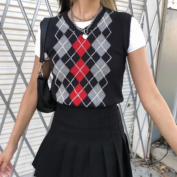 

women's jersey warm fall diamond plaid sleeveless sweater vest forklift feminine college style, White;black