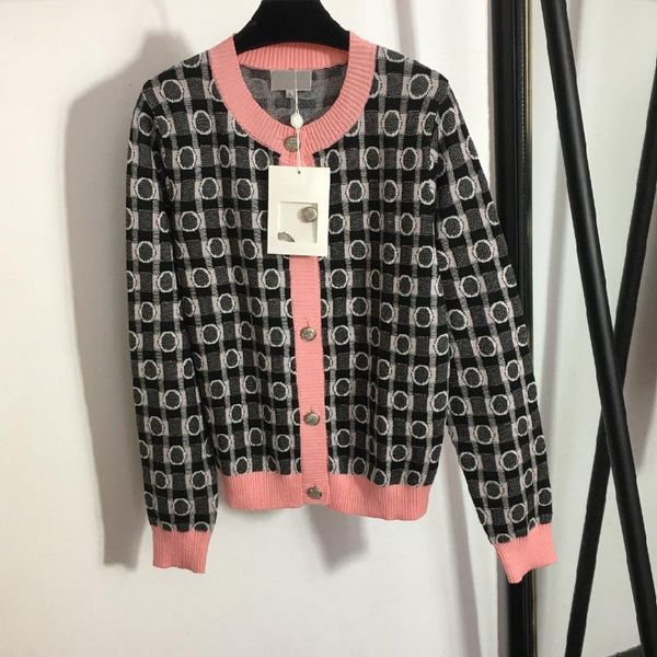 

women's knits & tees luxurydesign fashion letter dot lattice knitted cardigan single breasted crew neck long sleeve wool top, White