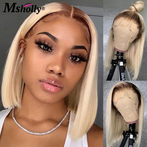 

ombre t4 613 blonde bob lace front wig human hair glueless brazilian remy short wigs for black women1, Black;brown