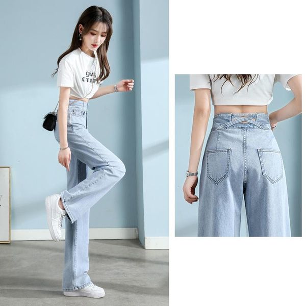 

women's jeans high-waisted for women thin 2021 spring and autumn straight leg trousers with loose, slim height wide legs, Blue