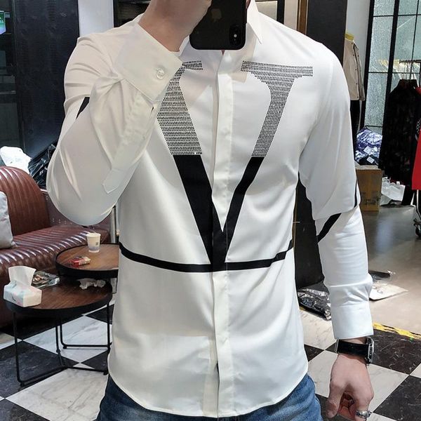 

men's casual shirts men 2021 spring big v letter print shirt fashion trend personality rhinestones slim long sleeve dress, White;black