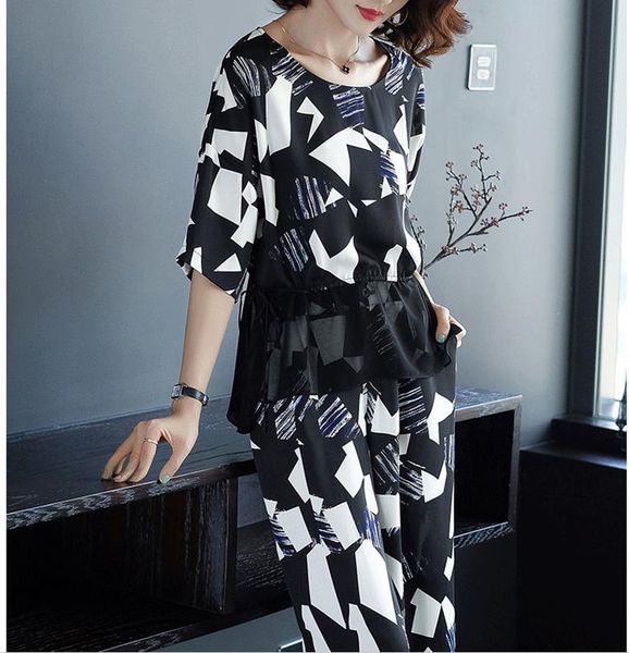 

women's tracksuits geometric women two piece outfits summer vintage clothing sets wide leg pants ensemble femme deux pieces woman suit, Gray