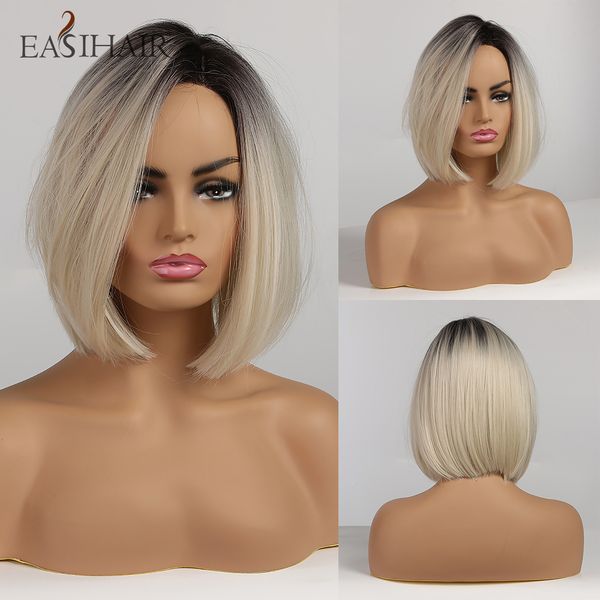 

short blonde ombre bob wigs for women heat resistant synthetic wigs high temperature fiber straight bob wig cosplay, Black