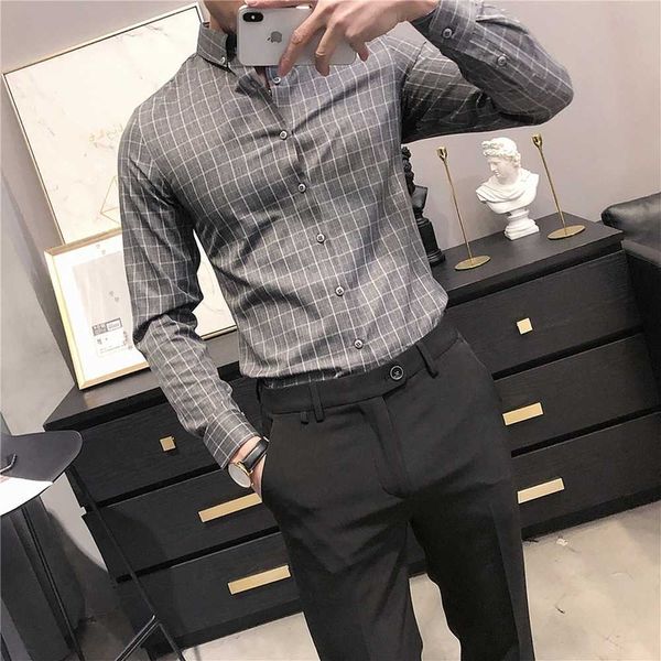 

business formal dress shirts men fashion long sleeve plaid shirts casual slim fit social office blouse camisa masculina 210527, White;black