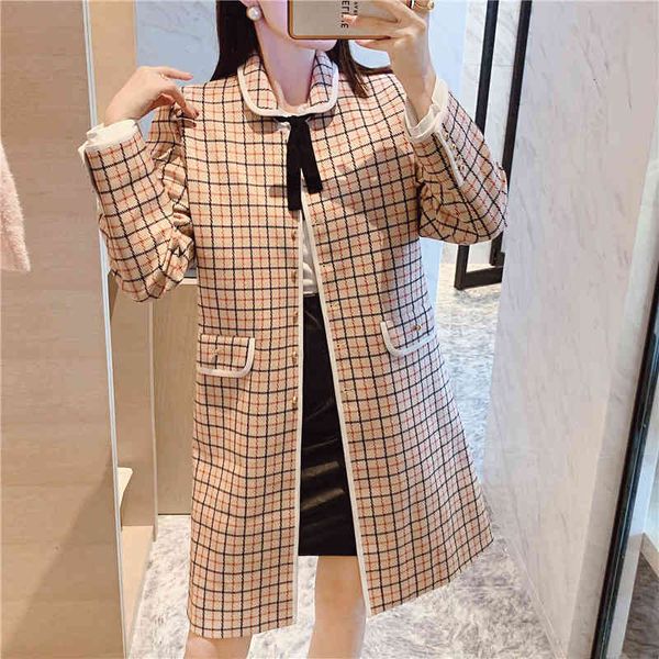 

jackets runway vintage sleeve peter pan collar bow woolen coat women elegant autumn winter plaid wool pocket warm long outerwear, Black