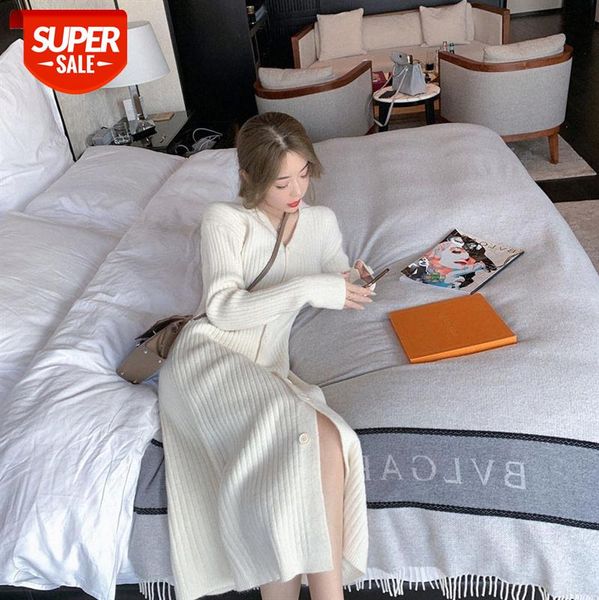 

white v-neck plush knit dress for women's self-cultivation #o46q, White;black