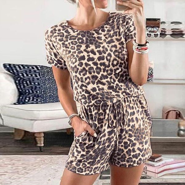 

summer o neck leopard women romper printed mini short bodysuits casual fitness sport sleeve loose pocket jumpsuits p3, Black;white