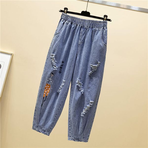 

spring autumn korea fashion women's loose elastic waist torn all-combined casual vintage embroidered jeans deniharem pants s280, Blue