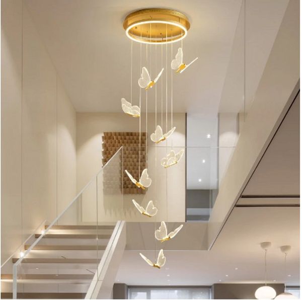 Novo moderno lustre lustre acrílico borboleta forma duplex sala de estar sala de jantar arte led lustre de escada