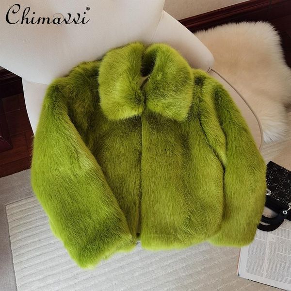

women's fur & faux fashion green coat for women 2021 winter clothes simple square collar short elegant jacket all-match, Black
