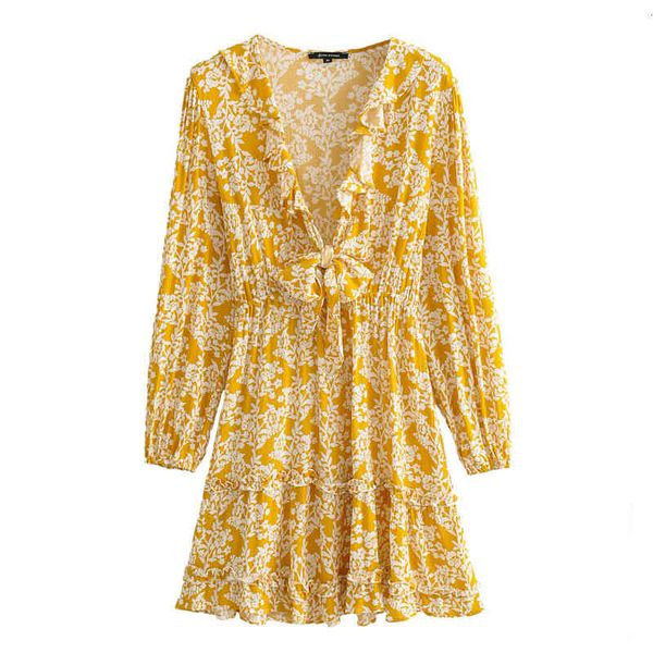 

pleated floral print mini dress women folds printing deep v neck bow long sleeve ruffle lady spring casual chic vestidos, Black;gray