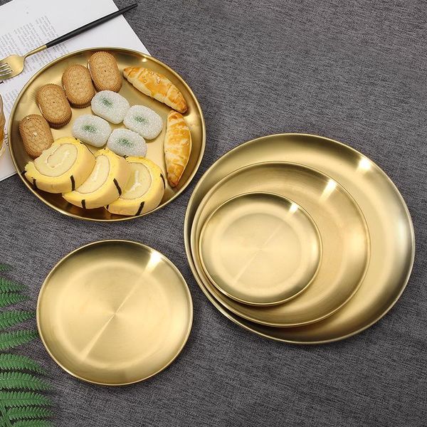 

dishes & plates nordic style dinner gold/silver dining serving golden round cake tray western steak dessert kitchen