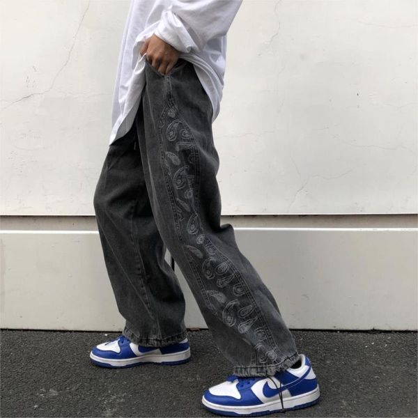 

jeans men high street loose american vintage elastic waist straight pants cashew flower hip hop wide legs joggers men's, Blue