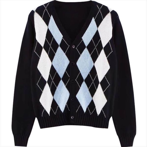 

plaid knitted fashion women womens sweaters vintage single breasted long sleeve cardigans v neck slim fit female coats, White;black