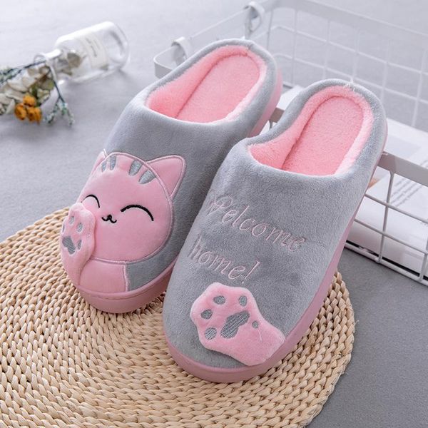 

cat prints cute home slippers short plush warm soft cotton women loves floor indoor shoes large size, Black