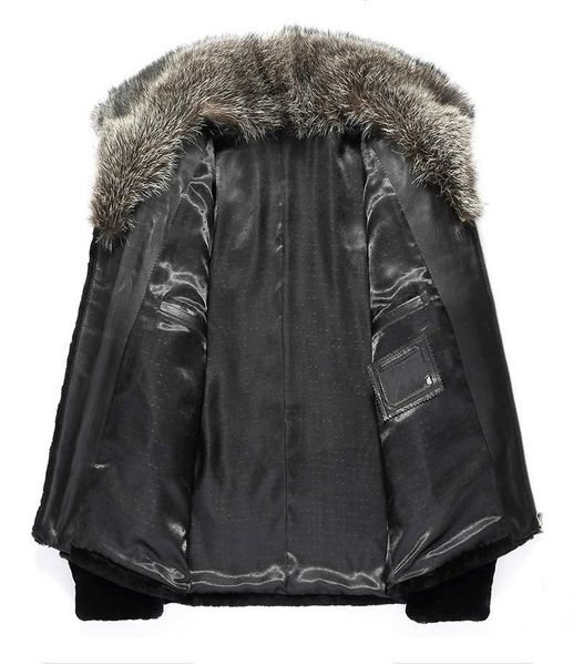 

men's leather & faux warm shearling real sheep coat winter jacket men clothes 2021 raccoon fur collar jackets veste xjl-7029 my2824, Black
