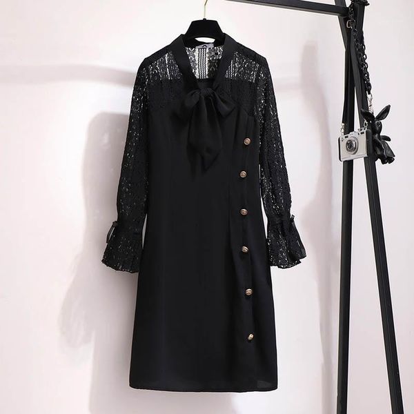 

casual dresses spring summer lace stitching dress women plus size bust 149cm 5xl 6xl 7xl 8xl 9xl loose long sleeves black color, Black;gray