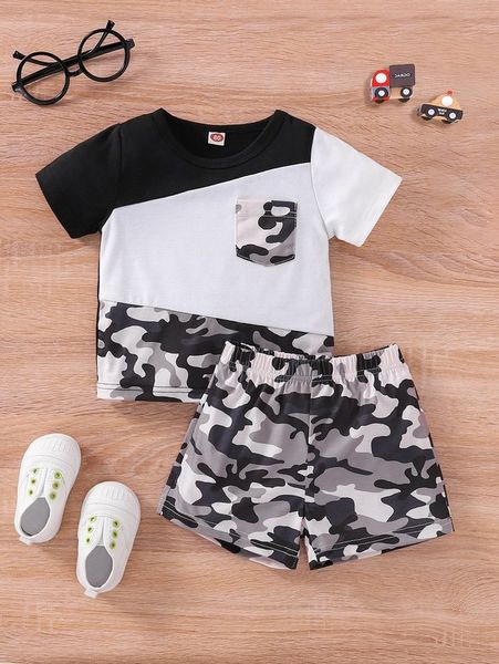 

baby colorblock camo print tee & shorts she01, White