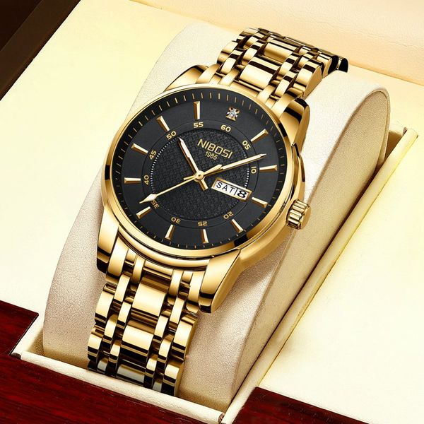 

nibosi gold watch for men warterproof sports mens watch brand luxury clock male business quartz wristwatch relogio masculinog, Slivery;brown