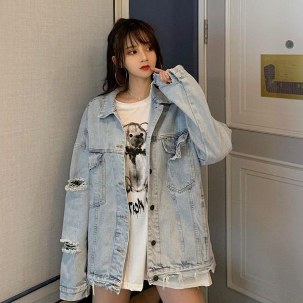 

spring autumn 2021 loose vintage light blue frayed hole denim jacket women oversized coat casual streetwear jeans female women's jacket, Black;brown