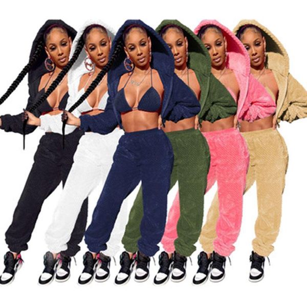 

women's two piece pants tracksuit three set winter women solid long sleeve zip hooded coat bra sport matching thicken streetwear outfit, White