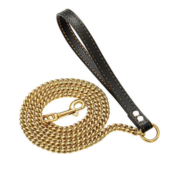 

dog collars & leashes 18k gold plated chain leash with leather handle 10mm wide 316l stainless steel collar for husky small medium large
