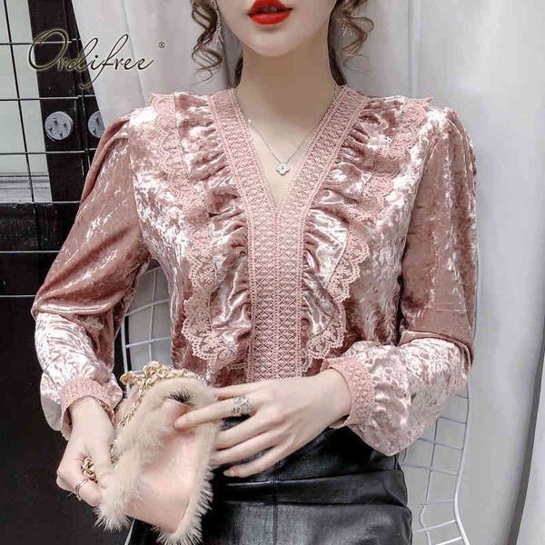 

vintage women long sleeve shirt spring autumn v neck ruffle lace crochet velvet blouse slim large size 210415, White