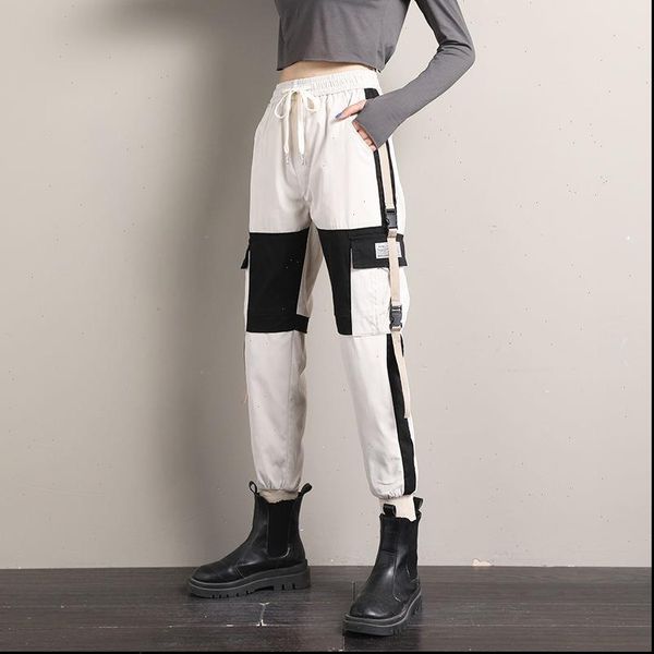 

streetwear cargo casual joggers black women capri high waist loose trousers ribbons korean style ladies, Black;white