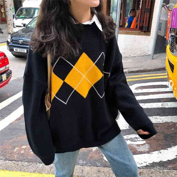 Koreanische College-Stil Herbst Winter Geometrische Muster Argyle Pullover Lose Übergroße Oansatz Gestrickte Pullover Frau Jumper Mujer 210918