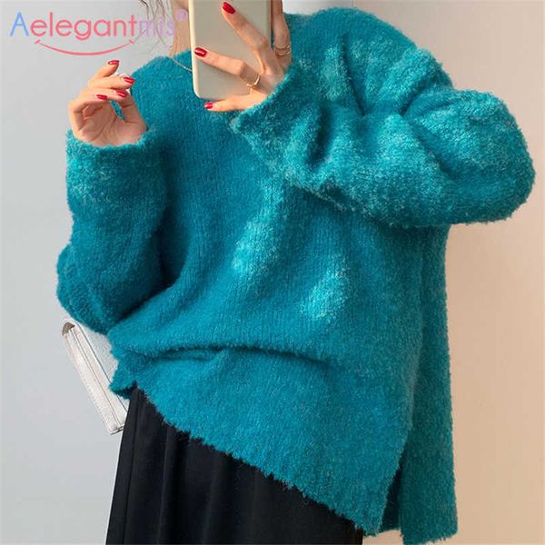 Aelegantmis Koreanische Mode Frauen Solide O Hals Pullover Fuzzy Frühling Herbst Casual Weiche Weibliche Eleagnt Fluffy Streetwaer 210607