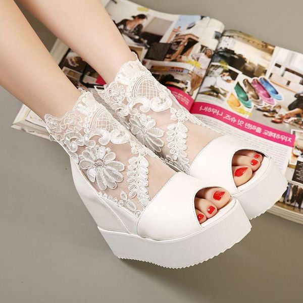 

boots 2021 summer slope heel sandals women's thick low inside height fish mouth high heels black and white mesh lace versati