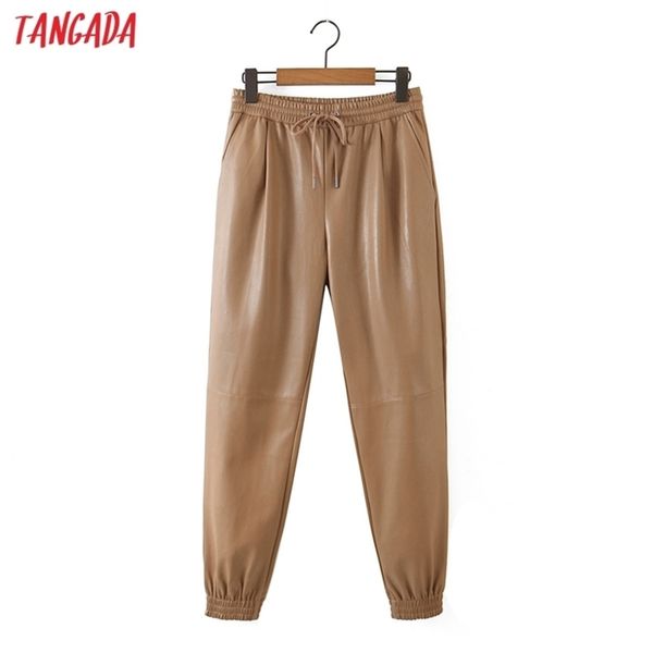 

tangada women khaki pu leather pants stretch waist female autumn winter harm trousers 8h30 210915, Black;white