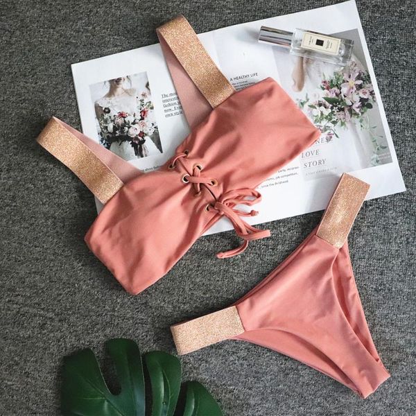 

women's swimwear bikini set swimsuit 2021 mujer 2pieces suit flash elastic bandage sling push up nylon double layer biquini, White;black