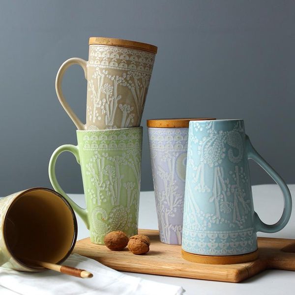 

creative hand-painted ceramic mug with lid personality couple milk cup pastoral tea cn(origin) eco-friendly mugs