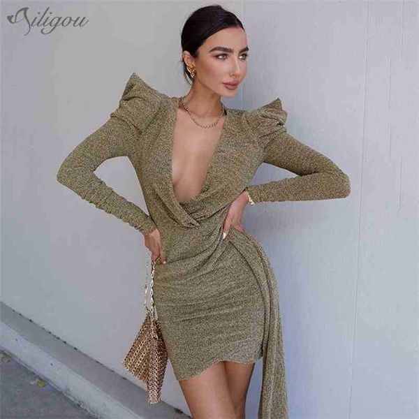 

summer women designer army green bandage dress ladies elegant long sleeve mini bodycon party vestido 210525, Black;gray