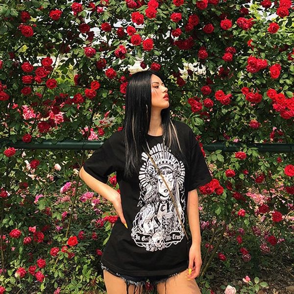 

goth dark style cartoon print women's casual t shirts vintage gothic summer female clothes hip hop short sleeve tee, White