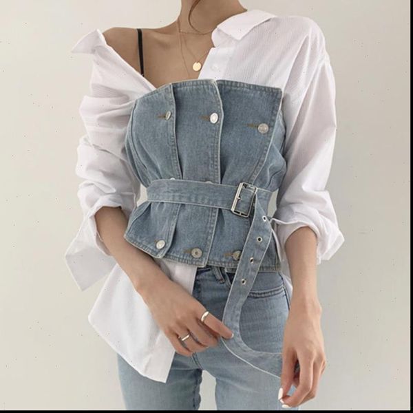 

[ewq] autumn spring womens tracksuits personality lapel striped shirt waistband breast wiped jean vest suit 2 piece set women, Gray