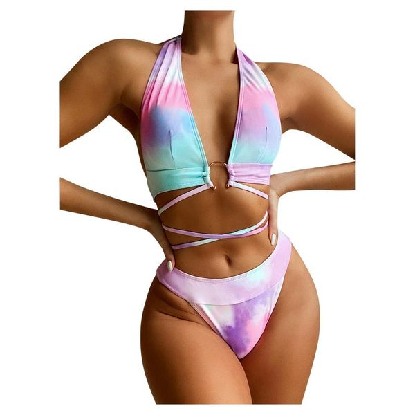 

women's swimwear two piece tie-dye chest pad straped halter bikini suit fashion split swimsuit sportswear beachwear summer, White;black