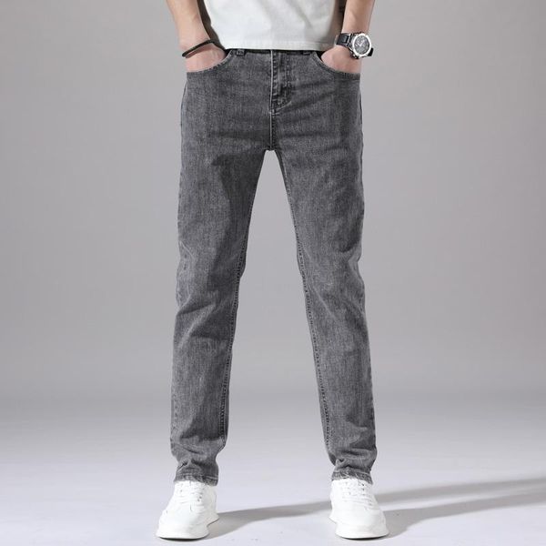 

men's jeans men cotton fabric classic summer straight stretch brand denim pants daily overalls grey fit work trousers for man 38 40, Blue