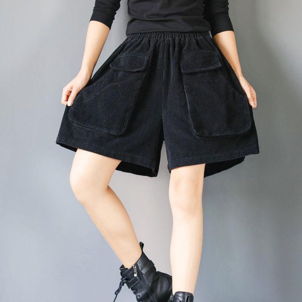 

women's shorts retro corduroy loose casual all-match outer wear short wide-leg autumn winter elastic waist plus size y551, White;black