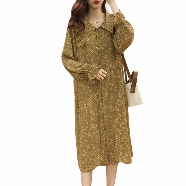 

chiffon dot dress women loose long sleeve straight spring sweet turn-down collar slim casual dresses, Black;gray