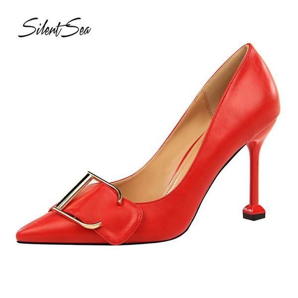 

silentsea women shoes fashion 9.5cm thin high heels pumps pointed toe stilettos for ladies party slip-on womens red color dress, Black