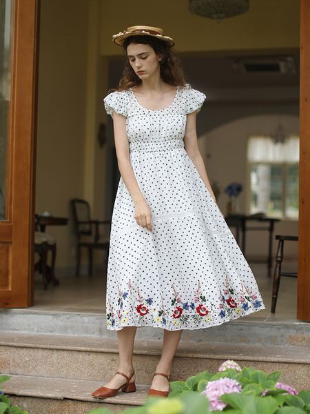 

casual dresses women summer vintage elegant slim mori girls white dress romantic french flower embroidery black polka dots xqlb, Black;gray
